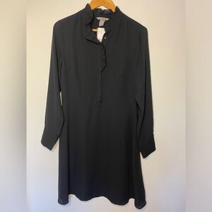43-NWT H & M Black Long Sleeve Dress Button Up with Frills Size Medium